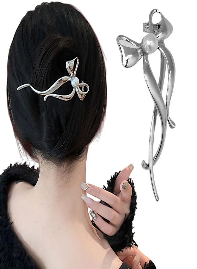 LYKAA Banana Clip Metal Rhinestone French Barrette Hair Clips, Bun Maker Korean Stylish Bow Hair Accessories For Women & girl 1Pc (Silver) - Image 1