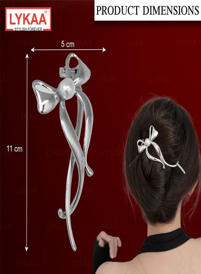 LYKAA Banana Clip Metal Rhinestone French Barrette Hair Clips, Bun Maker Korean Stylish Bow Hair Accessories For Women & girl 1Pc (Silver) - Image 2