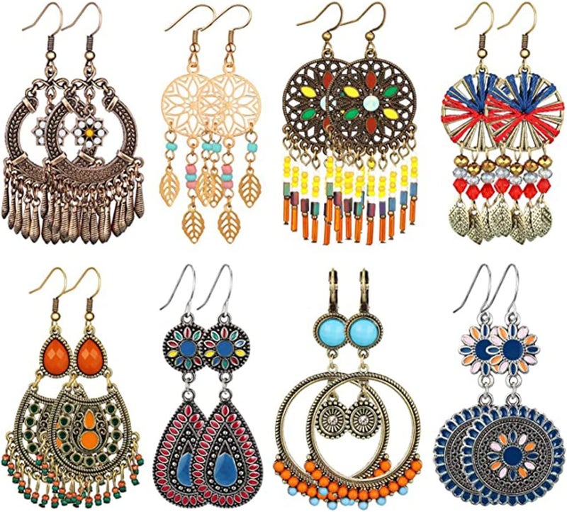 Excefore 8 Pairs Bohemian Earrings for Women, Dangle Earrings, Girls Retro Metal Hollow Earrings, Unique Handmade Hoop Spiral Earring, Dangle Drop Earrings Jewelry Gifts - Image 1