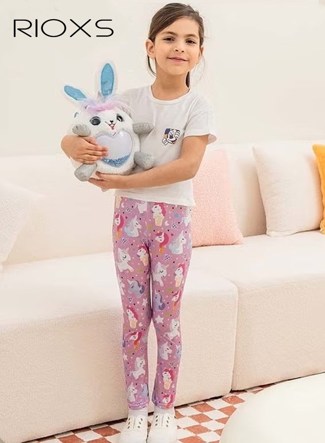 RIOXS Girls' Leggings, Little Kids Girls Stretchy Tights Leggings, Fashion Printed School Uniform Leggings, Knitted Pant for Dress, Soft Comfortable Leggings, Ankle Length Leggings for Girls School, Dance Class or Playdates Wear, Pink Unicorn Leggings - Image 2