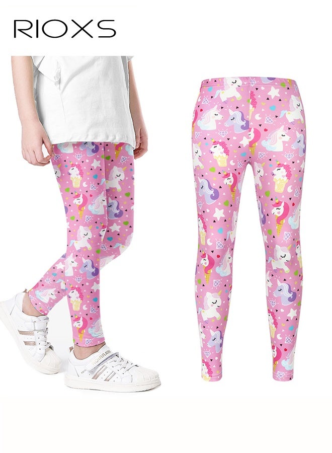 RIOXS Girls' Leggings, Little Kids Girls Stretchy Tights Leggings, Fashion Printed School Uniform Leggings, Knitted Pant for Dress, Soft Comfortable Leggings, Ankle Length Leggings for Girls School, Dance Class or Playdates Wear, Pink Unicorn Leggings - Image 1