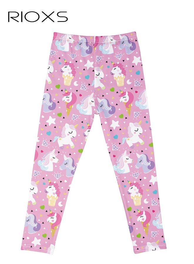 RIOXS Girls' Leggings, Little Kids Girls Stretchy Tights Leggings, Fashion Printed School Uniform Leggings, Knitted Pant for Dress, Soft Comfortable Leggings, Ankle Length Leggings for Girls School, Dance Class or Playdates Wear, Pink Unicorn Leggings - Image 3