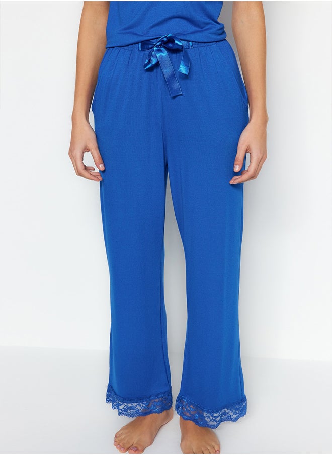 Blue Lace and Ribbon/Bow Detail Rope Strap Viscose Knitted Pajama Set THMSS20PT0134