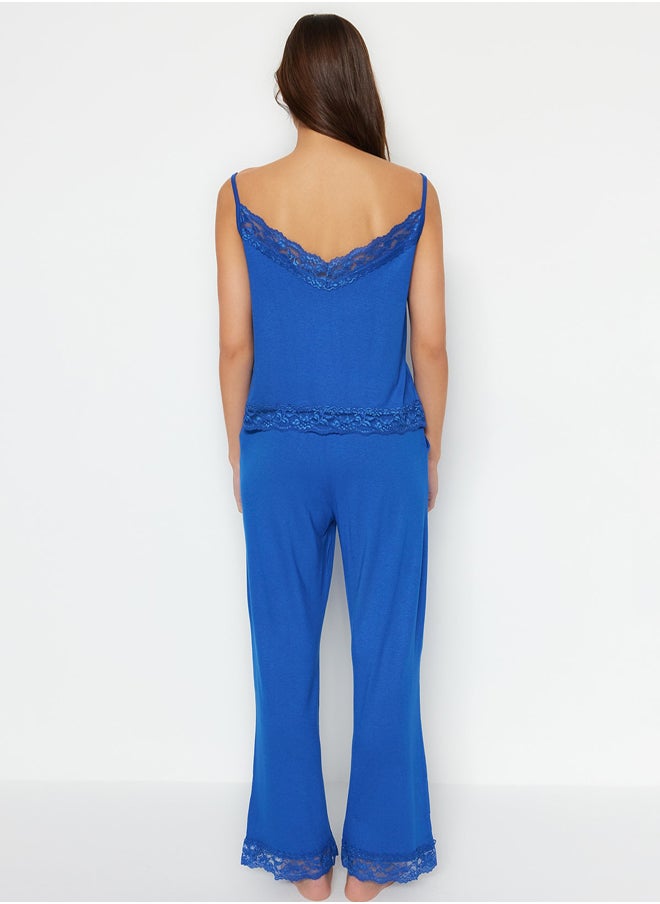 Blue Lace and Ribbon/Bow Detail Rope Strap Viscose Knitted Pajama Set THMSS20PT0134