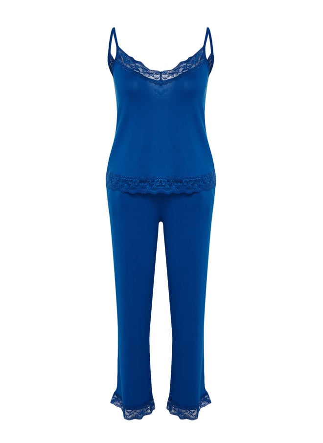 Blue Lace and Ribbon/Bow Detail Rope Strap Viscose Knitted Pajama Set THMSS20PT0134