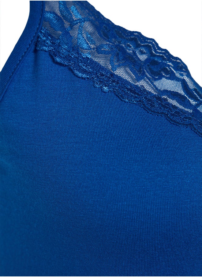 Blue Lace and Ribbon/Bow Detail Rope Strap Viscose Knitted Pajama Set THMSS20PT0134