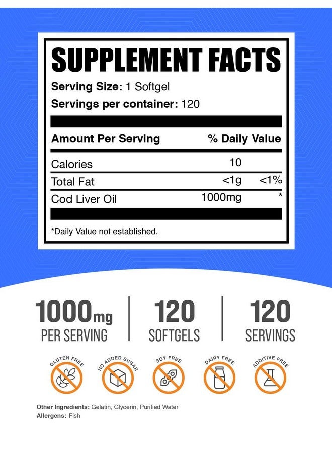BulkSupplements.com Cod Liver Oil Softgels - Nutritional Supplement, Cod Liver Oil 1000mg - Gluten Free, 1 Softgel per Serving, 120 Count (Pack of 1) - Image 2