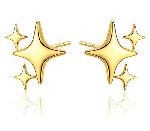 PANSHI  Gold Stud Earrings Sterling Silver Post Earrings Star Stud Earrings for Women Teen Trendy Hypoallergenic Small Post Pierced Studs Earrings Jewelry Gifts (3 Stars Gold) - Image 1