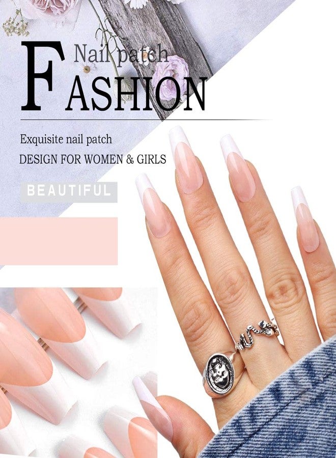 Aksod Long Coffin French Manicure Press on Nails Tips Glossy Pink Fake Nails Designed Ballerina Full Cover Artificial False Nails Tips for Women and Gilrs (24Pcs) - Image 3