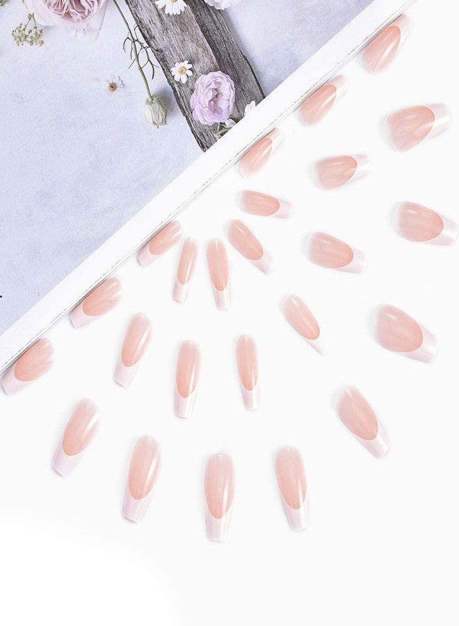 Aksod Long Coffin French Manicure Press on Nails Tips Glossy Pink Fake Nails Designed Ballerina Full Cover Artificial False Nails Tips for Women and Gilrs (24Pcs) - Image 2