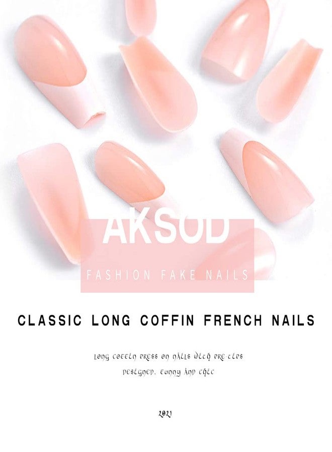 Aksod Long Coffin French Manicure Press on Nails Tips Glossy Pink Fake Nails Designed Ballerina Full Cover Artificial False Nails Tips for Women and Gilrs (24Pcs) - Image 4