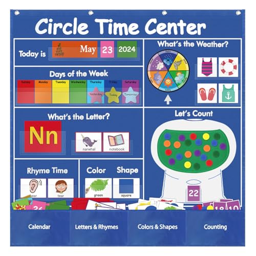 BOHEMIABY Circle Time Learning Center Classroom Pocket Chart Preschool, Educational Pocket Chart Teaching Materials, Learning Calendar Weather Counting Letter Color Shape (circle time learning center) - Image 1
