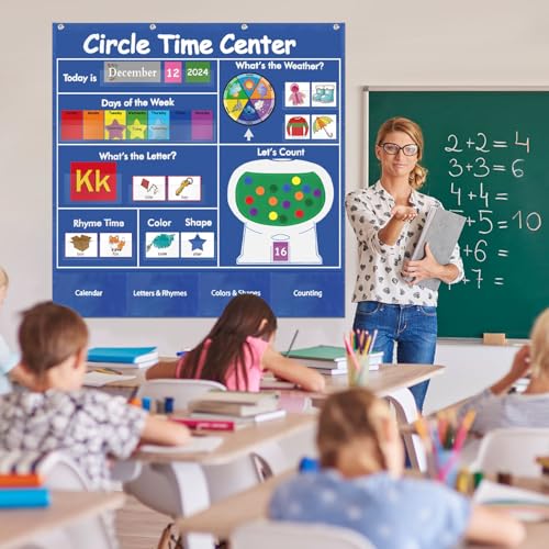 BOHEMIABY Circle Time Learning Center Classroom Pocket Chart Preschool, Educational Pocket Chart Teaching Materials, Learning Calendar Weather Counting Letter Color Shape (circle time learning center) - Image 2