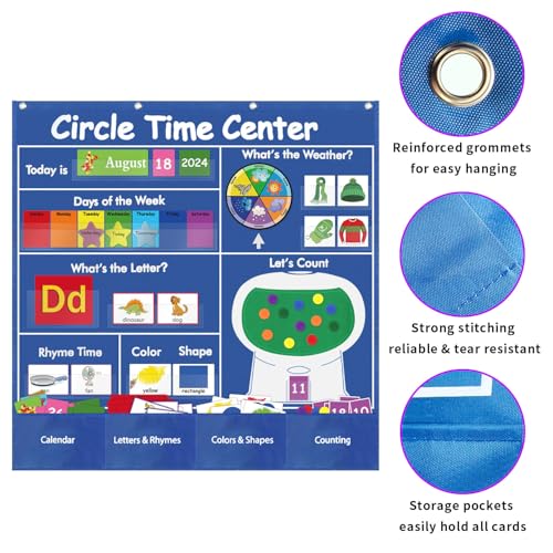 BOHEMIABY Circle Time Learning Center Classroom Pocket Chart Preschool, Educational Pocket Chart Teaching Materials, Learning Calendar Weather Counting Letter Color Shape (circle time learning center) - Image 3