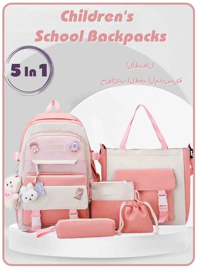 Backpack 5Pcs Set Aesthetic School Bags Cute Bookbag with Badge Pendant Shoulder Bag Pencil Box Tote Bag Small Bag - Image 1
