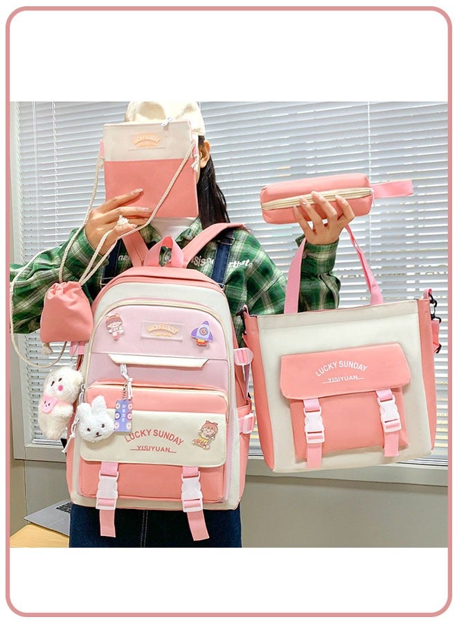 Backpack 5Pcs Set Aesthetic School Bags Cute Bookbag with Badge Pendant Shoulder Bag Pencil Box Tote Bag Small Bag - Image 2