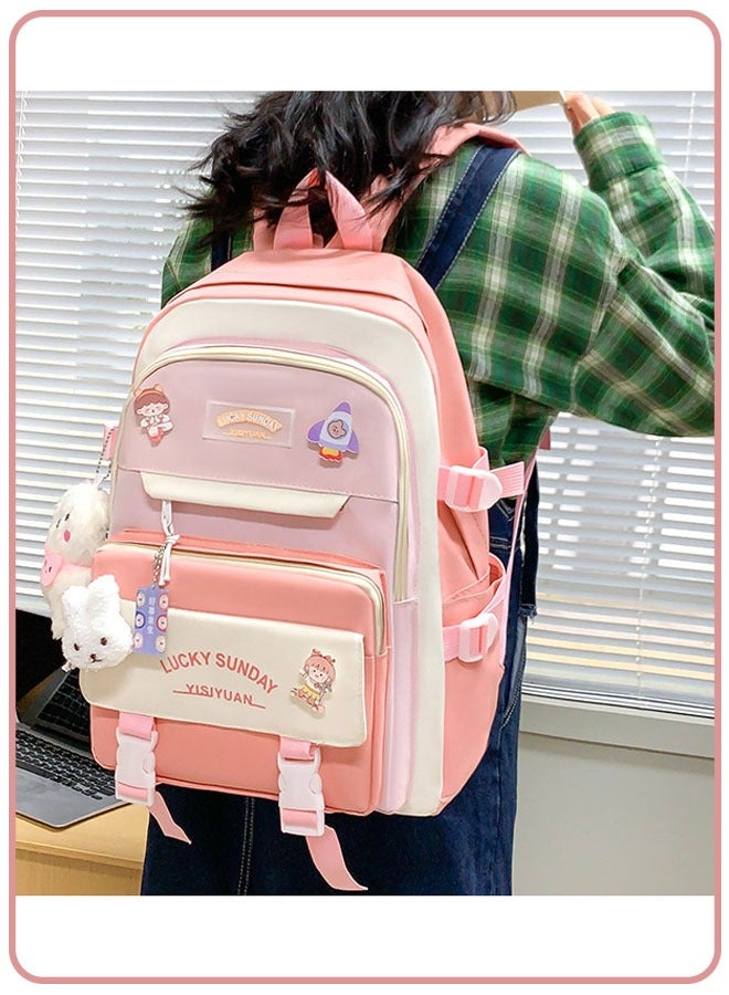 Backpack 5Pcs Set Aesthetic School Bags Cute Bookbag with Badge Pendant Shoulder Bag Pencil Box Tote Bag Small Bag - Image 3