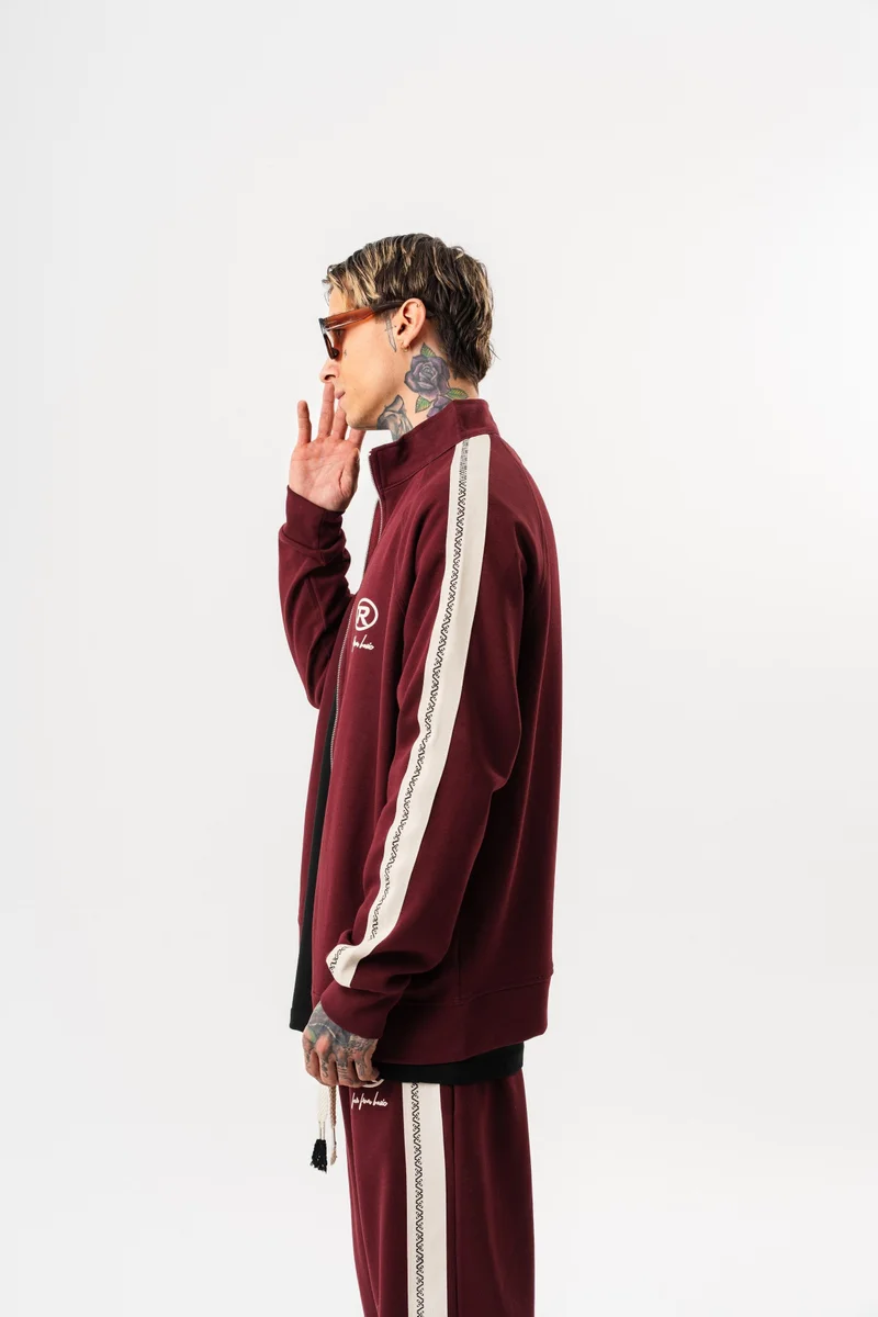 RESPIRE Men's FFB Striped Stand Collar Doubleface Zip Oversize Sweatshirt Bordeaux