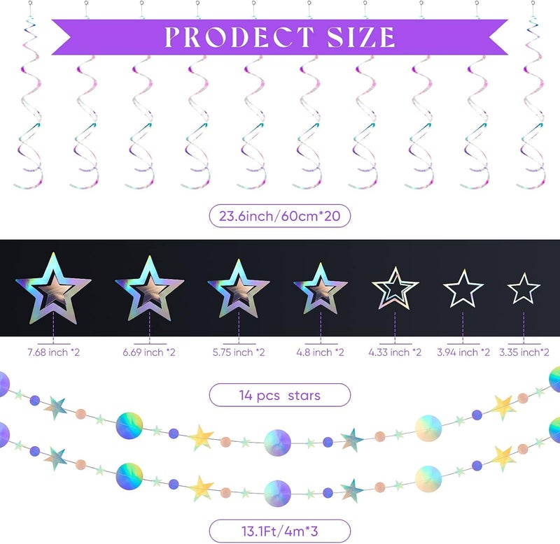 Luinabio 37 Pieces Iridescent Holographic Party Decorations Glitter Swirl Streamer Galaxy Garland Hanging Bling Star Party Supplies Circle Dot Swirl Streamer for Wedding Disco Birthday Decorations - Image 2