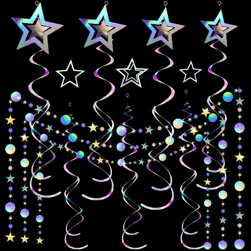 Luinabio 37 Pieces Iridescent Holographic Party Decorations Glitter Swirl Streamer Galaxy Garland Hanging Bling Star Party Supplies Circle Dot Swirl Streamer for Wedding Disco Birthday Decorations - Image 1
