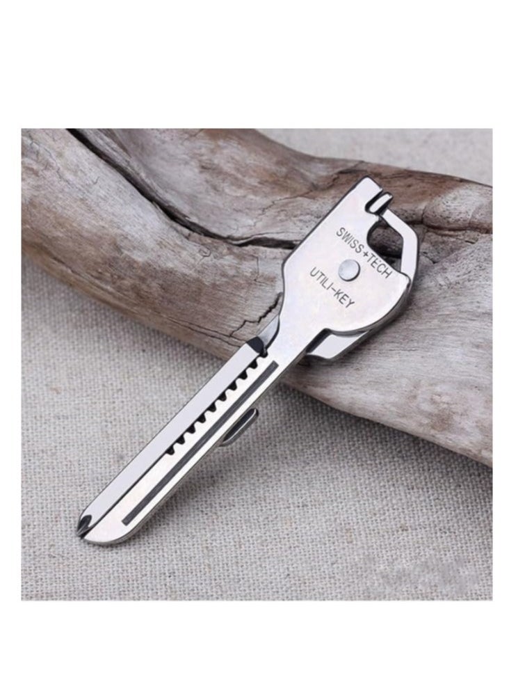 6 In 1 Keychain Outdoor Folding Mini Pocket Multitool Key Shape Bottle Opener Screwdriver Serrated Blade Survival Escape Tool