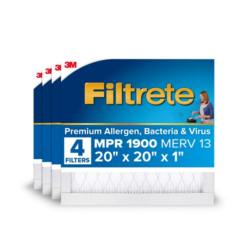 Filtrete 20x20x1 AC Furnace Air Filter, MERV 13, MPR 1900, Premium Allergen, Bacteria & Virus Filter, 3-Month Pleated 1-Inch Electrostatic Air Cleaning Filter, 4-Pack (Actual Size 19.69x19.69x0.78 in) - Image 1