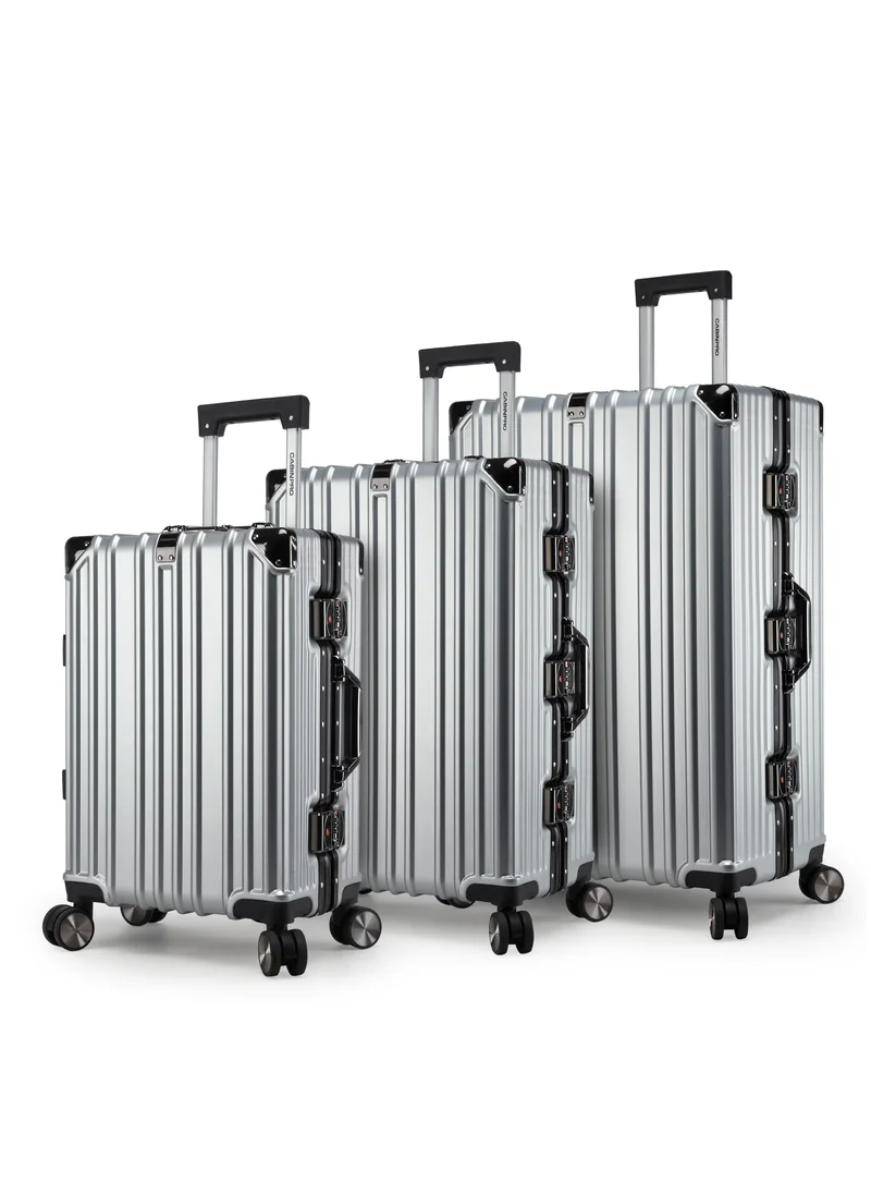 CABINPRO Lightweight Aluminum Frame Fashion Trolley Luggage Set of 3 Polycarbonate Hard Case Suitcase with 4 Quite 360° Double Spinner Wheels CP001 Silver
