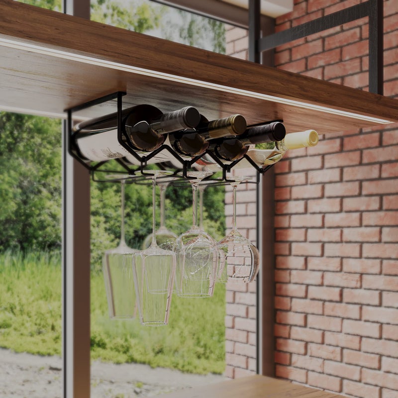 Wallniture Piccola Under Cabinet Wine Rack & Glasses Holder Kitchen Organization with 4 Bottle Organizer Metal Black - Image 4