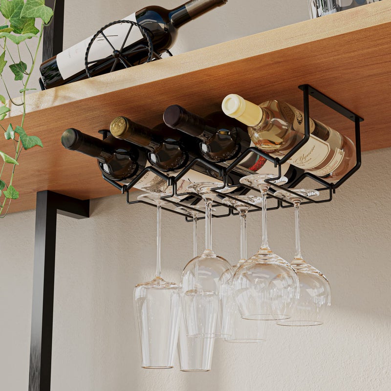 Wallniture Piccola Under Cabinet Wine Rack & Glasses Holder Kitchen Organization with 4 Bottle Organizer Metal Black - Image 2