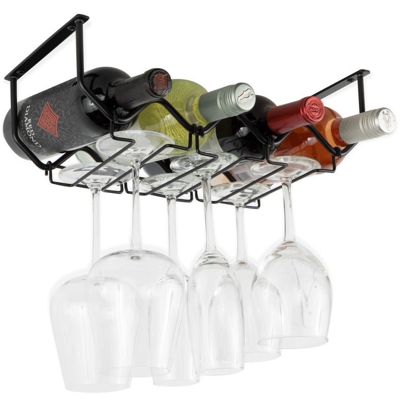 Wallniture Piccola Under Cabinet Wine Rack & Glasses Holder Kitchen Organization with 4 Bottle Organizer Metal Black - Image 1