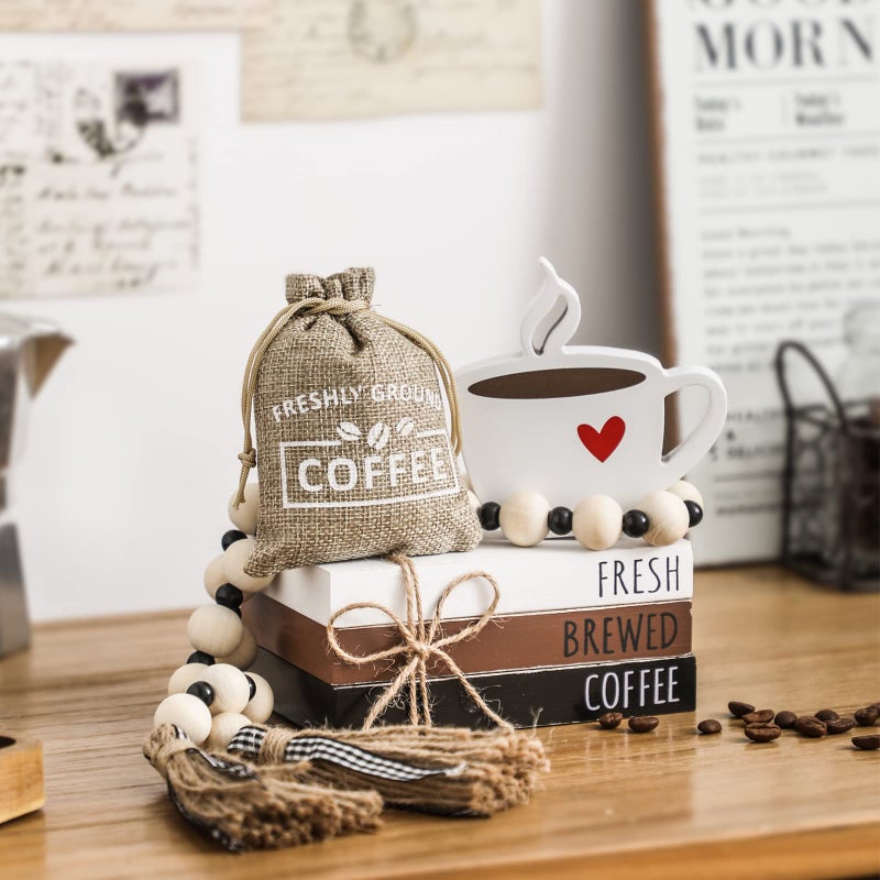 WODOHOLO Coffee Bars Decor, 6 PCS Coffee Bar Decorations,Mini Wooden Book Stacks with Bead Garland, Coffees Bar Accessories for Tiered Tray,Table,Shelf,Rustic Farmhouse Home Decor - Image 2