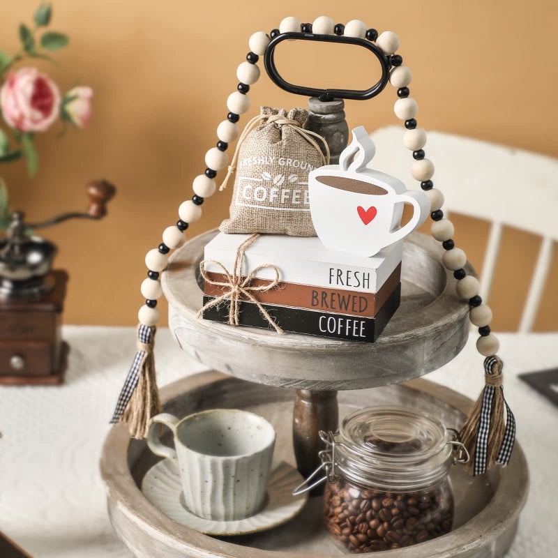 WODOHOLO Coffee Bars Decor, 6 PCS Coffee Bar Decorations,Mini Wooden Book Stacks with Bead Garland, Coffees Bar Accessories for Tiered Tray,Table,Shelf,Rustic Farmhouse Home Decor - Image 5