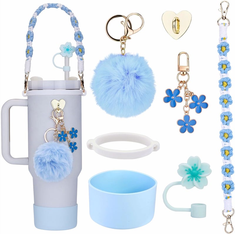 Rhewatin Accessories for Stanley Cup 40oz Tumbler, Blue Silicone Cup Boot, Straw Cover, Charms, 7pcs Set - Image 1