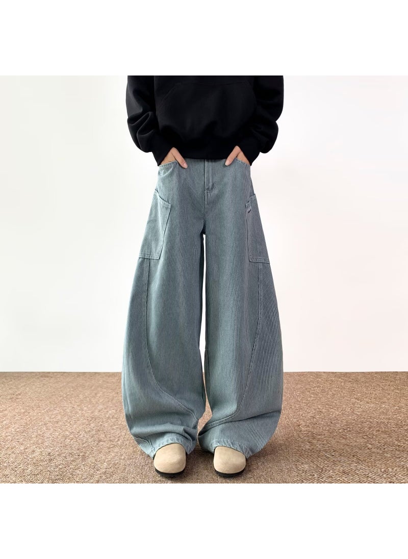 Generic American Vintage Machete Jeans Womens Autumn and Winter New High Street Design Sense Loose Casual Slimming Wide Leg Pants Blue 