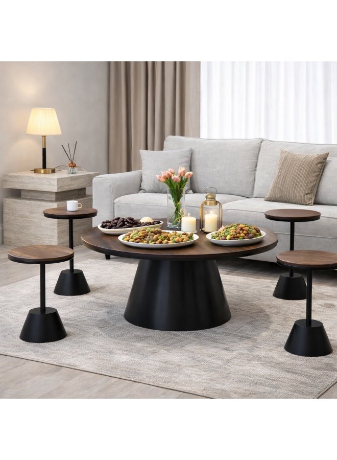 TOODOO Large table with 4 service tables, brown wood and iron - Image 1