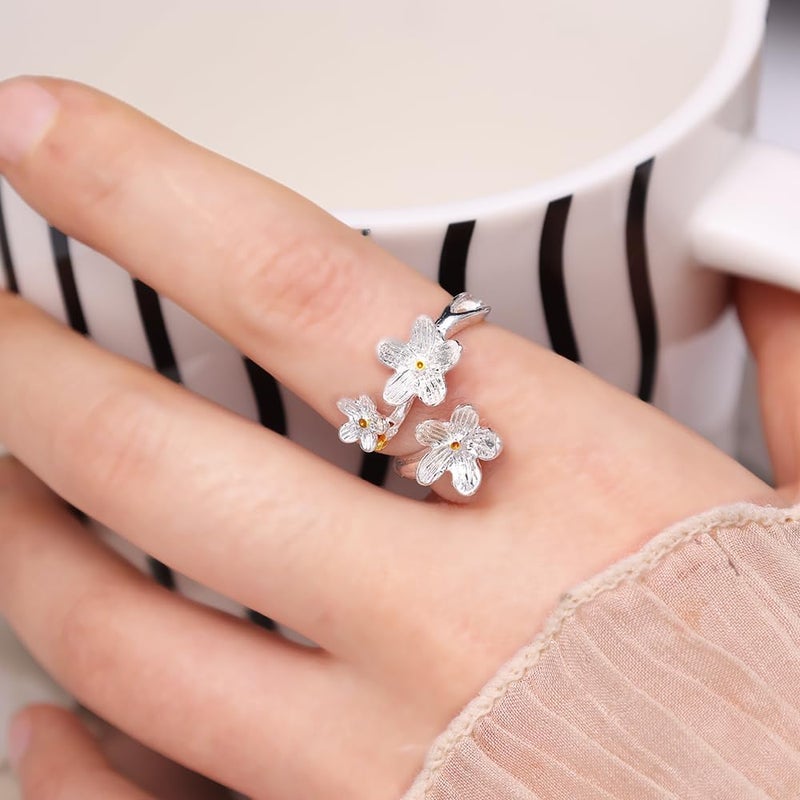 Nan 1 Pair Silver Dainty Camellia Flower Ring for Women - Elegant Wedding Jewelry - Image 5