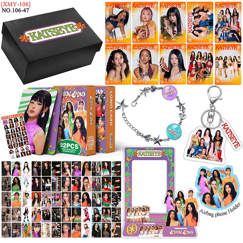 KATSEYE Inspired Gift Box Set – K-pop LOMO Cards + Zinc Alloy Bracelet + Standee + Photo Frame + Keychain + Card, Fan Merch Collectible Kit