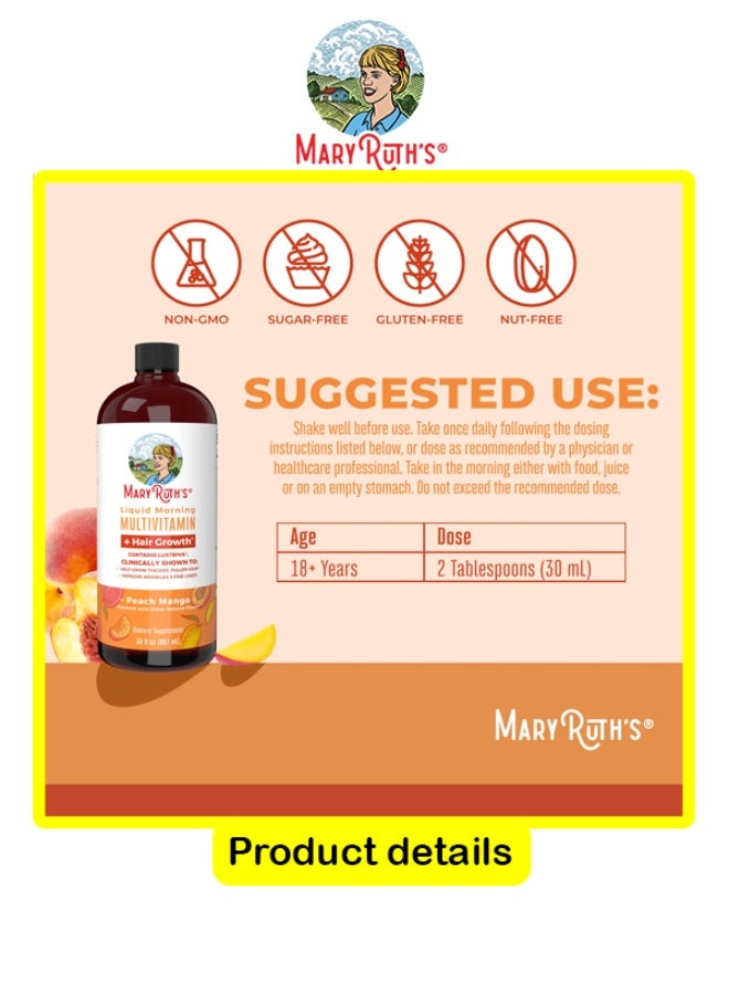 MaryRuth's Liquid Morning Multivitamin + Hair Growth , Peach Mango, 30 fl oz (887 ml) - Image 3