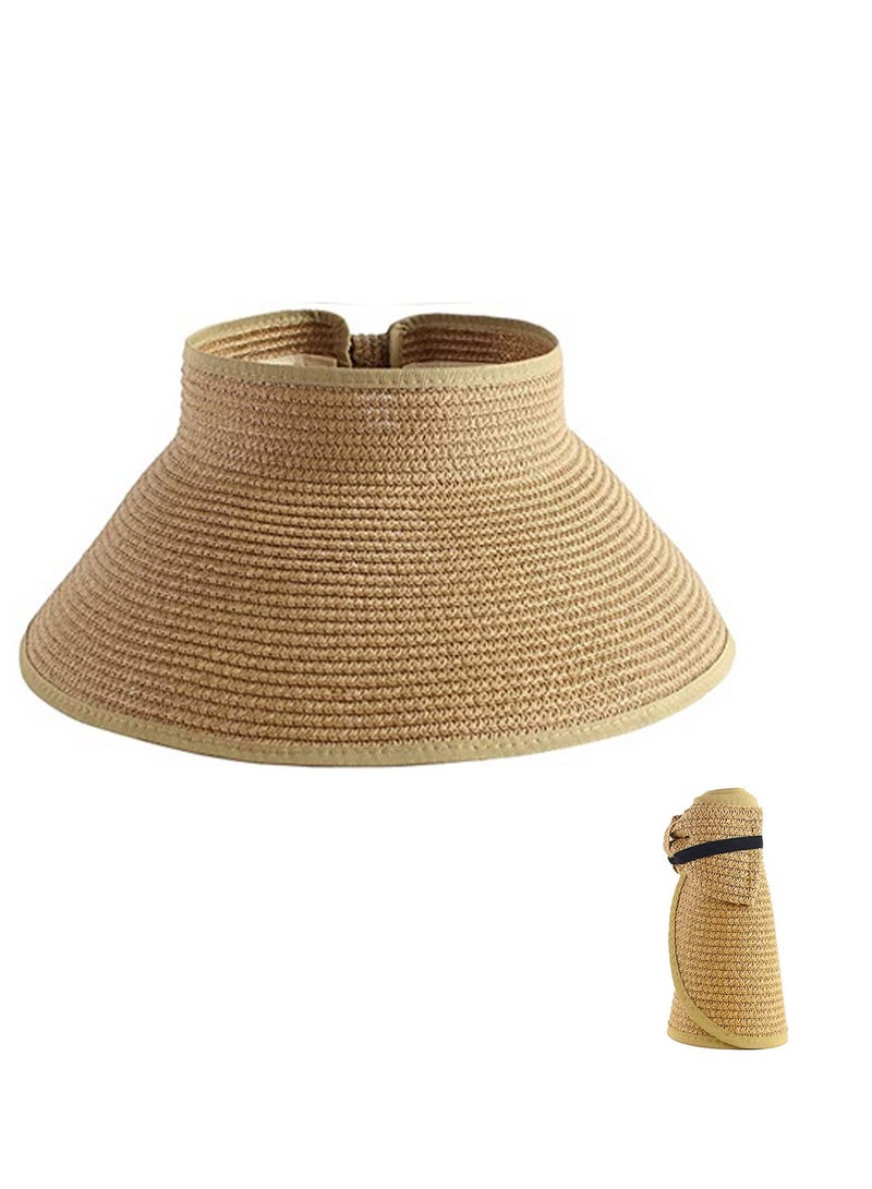 قبعة شمسية نسائية عريضة الحواف قابلة للطي من القش قبعة شاطئية فارغة من القش مع عقدة على شكل عقدة - Image 2