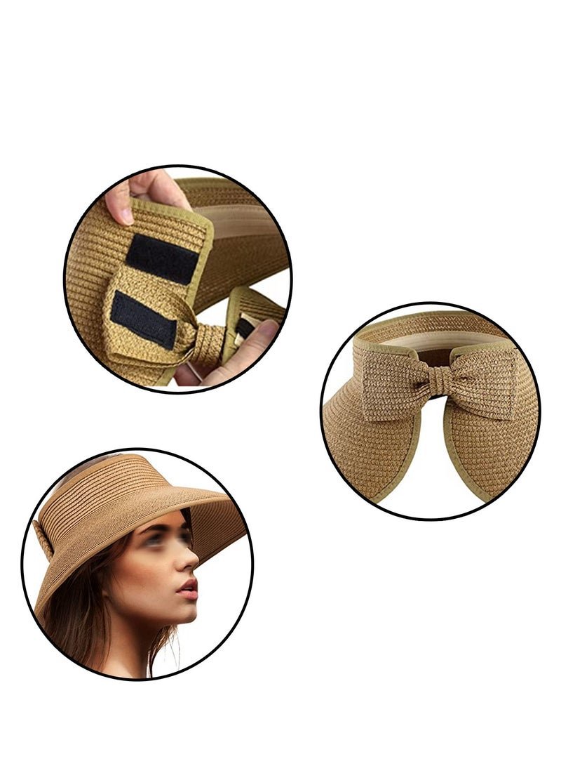 قبعة شمسية نسائية عريضة الحواف قابلة للطي من القش قبعة شاطئية فارغة من القش مع عقدة على شكل عقدة - Image 4