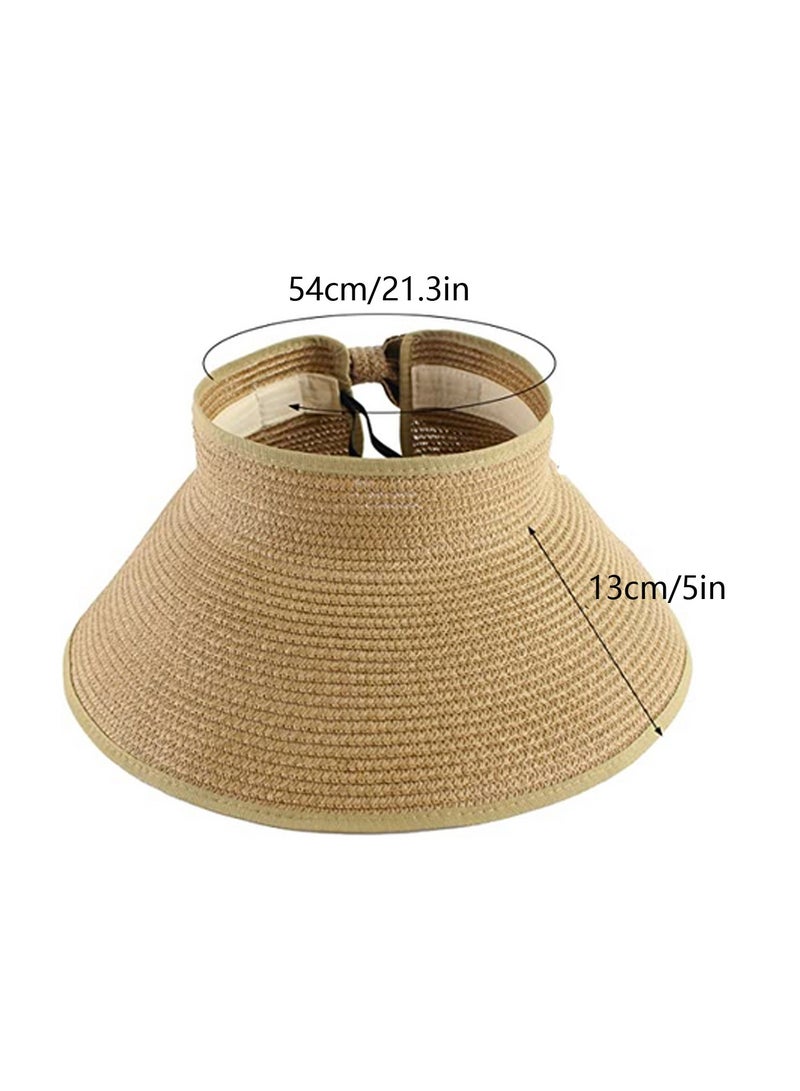 قبعة شمسية نسائية عريضة الحواف قابلة للطي من القش قبعة شاطئية فارغة من القش مع عقدة على شكل عقدة - Image 5