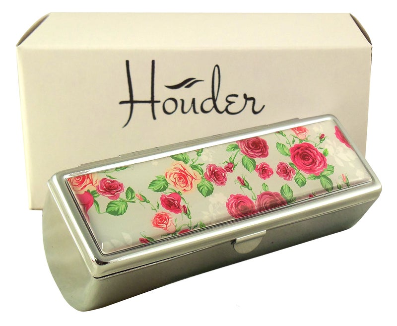 Houder Designer Lipstick Case with Mirror for Purse - Decorative Lipstick Holder with Gift Box - Velvet Lined - Protect Your Lipsticks in Style (Red Roses) - Image 1