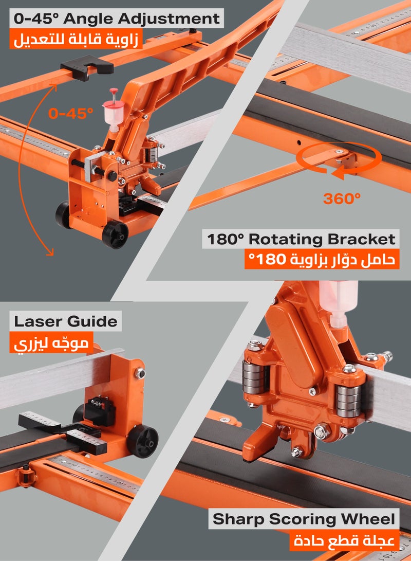 LAWAZIM Pro7 Manual Tile Cutter - Single Rail 31.50in/800mm with Laser Guide, Metal Metric Ruler, 0-45° Angle Adjustment & Support Bracket for Ceramic and Porcelain Floor & Wall Tile Installation - Image 3