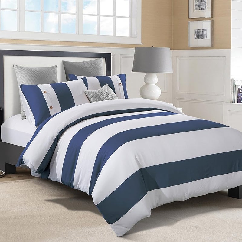 Superior Addison Cotton 300 Thread Count Duvet Cover Set Comforter Cover Bed Essentials Coastal Striped Decor Includes 1 Duvet Cover with Button Closure 2 Pillow Shams TwinTwin XL