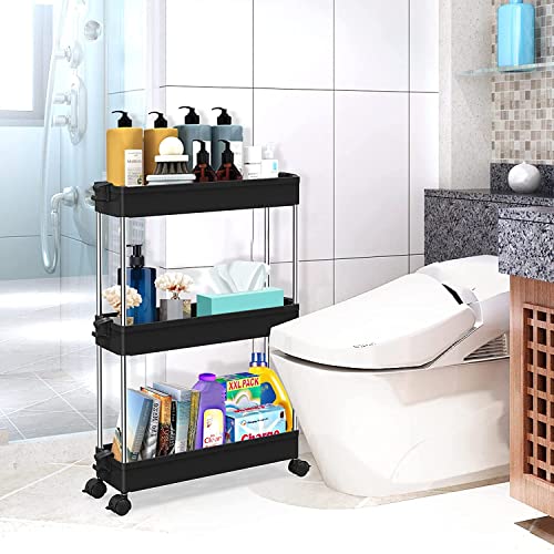 Zollyss Slim Storage Cart 3 Tier Mobile Shelving Unit Organizer Slide Out Storage Rolling Utility Cart Tower Rack for Kitchen Bathroom Laundry Narrow Places, Plastic & Stainless Steel, Black - Image 4