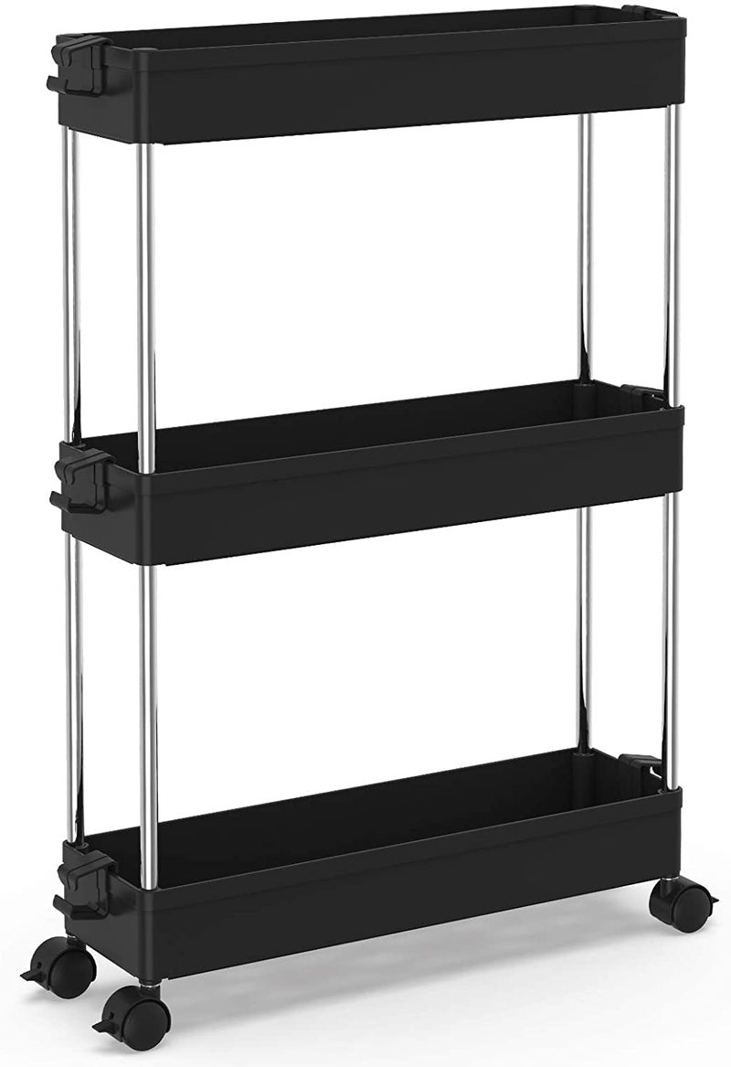 Zollyss Slim Storage Cart 3 Tier Mobile Shelving Unit Organizer Slide Out Storage Rolling Utility Cart Tower Rack for Kitchen Bathroom Laundry Narrow Places, Plastic & Stainless Steel, Black - Image 1