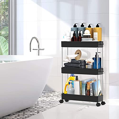 Zollyss Slim Storage Cart 3 Tier Mobile Shelving Unit Organizer Slide Out Storage Rolling Utility Cart Tower Rack for Kitchen Bathroom Laundry Narrow Places, Plastic & Stainless Steel, Black - Image 2