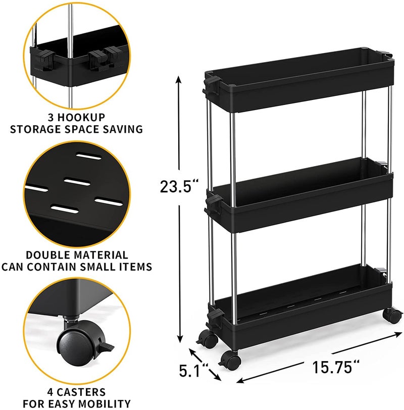 Zollyss Slim Storage Cart 3 Tier Mobile Shelving Unit Organizer Slide Out Storage Rolling Utility Cart Tower Rack for Kitchen Bathroom Laundry Narrow Places, Plastic & Stainless Steel, Black - Image 3