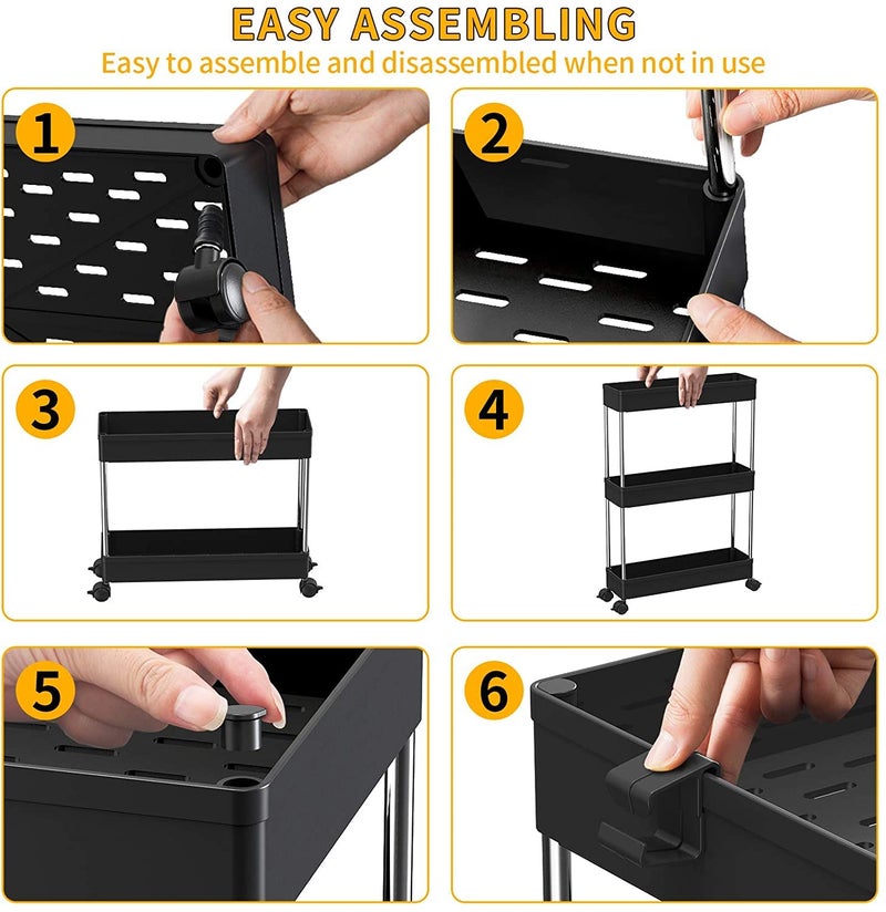 Zollyss Slim Storage Cart 3 Tier Mobile Shelving Unit Organizer Slide Out Storage Rolling Utility Cart Tower Rack for Kitchen Bathroom Laundry Narrow Places, Plastic & Stainless Steel, Black - Image 5