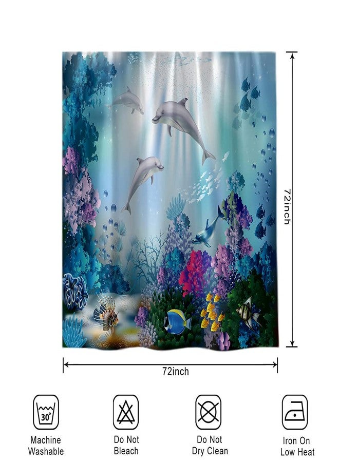 دالين ستارة حمام بتصميم دولفين، ستارة حمام بتصميم عالم البحار "حلم أزرق" مزينة بطحالب ملونة تحت الماء وأشعة الشمس وأسماك استوائية وحيوانات بحرية لطيفة، ستارة حمام مزينة بألوان مائية، مزودة بـ 12 خطافًا، مقاس 72 بوصة × 72 بوصة. - Image 4